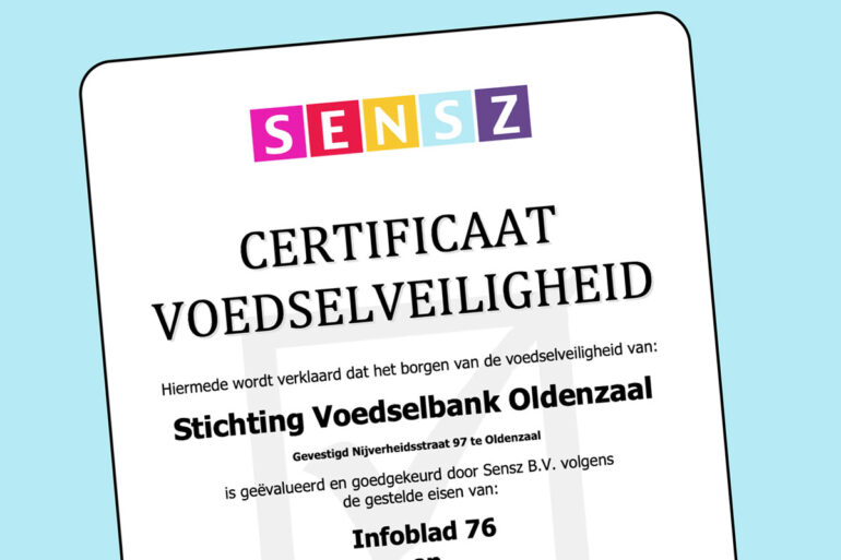 Voedselbank Twente Oost: Nieuws: Certificaat Voedselveiligheid Senz