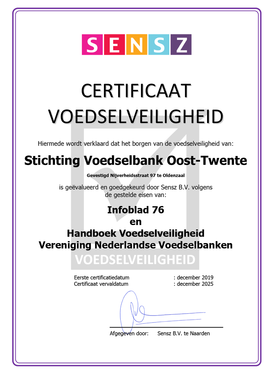  Certificaat Voedselveiligheid 2025 Voedselbank Oost Twente.